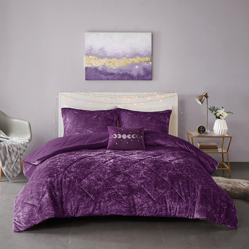 Full/Queen Purple Velvet Comforter - Warm & , Diamond , Includes Shams, Machine Washable Sized Bedding With Pillow