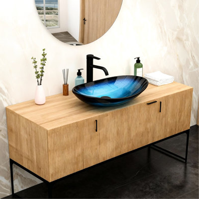Bathroom Vessel Sink: Blue Tempered Glass, Pop - Up Drain, Boat Shape Above Counter, For Updated Restroom Designs Glass Shaped Sink, Makes A Statement