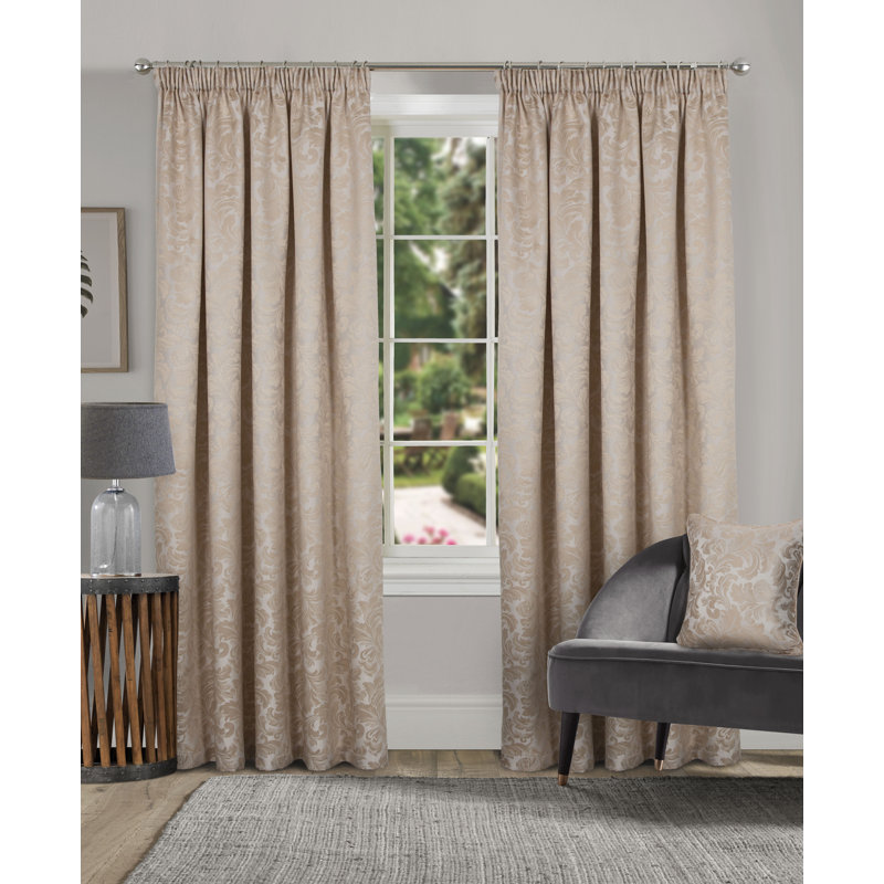 Hallas Pencil Pleat Damask Jacquard Curtains, Natural, 165 W x 183 D cm