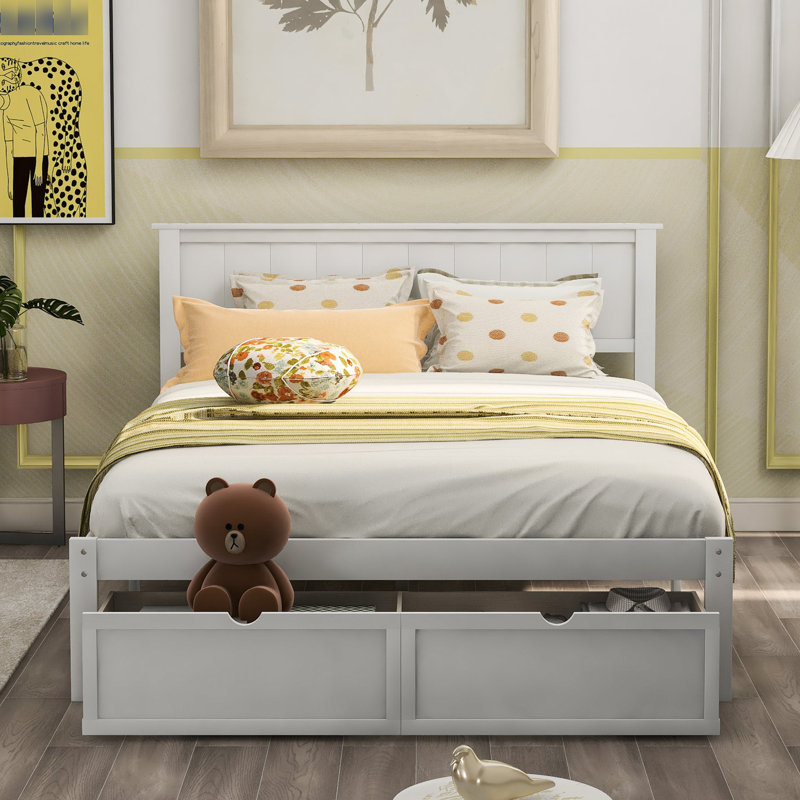 Lit plateforme de taille blanche avec des configurations pratiques sous les tiroirs - Bois de pin et pour une chambre à coucher pratique