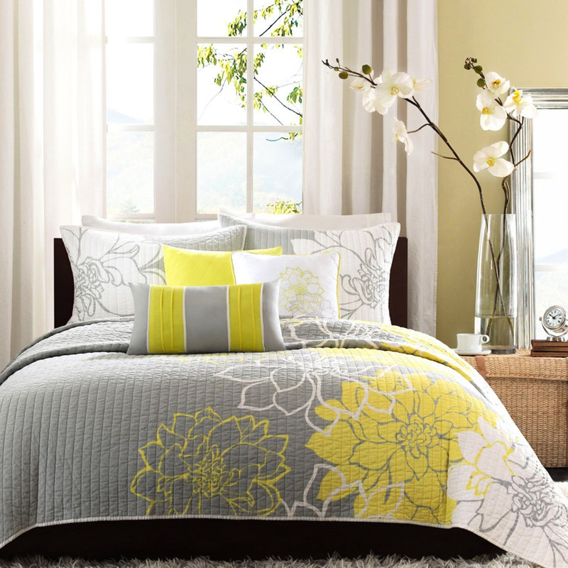 Courtepointe en coton 6 pièces, très grand / très grand, gris taupe / jaune, imprimé chic réversible, Jaune/gris