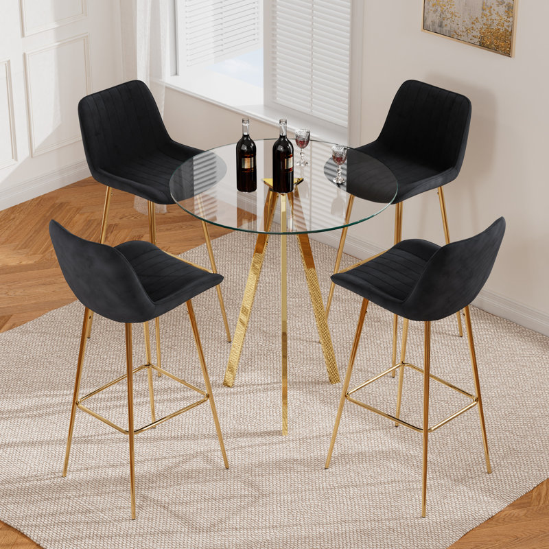 3 Piece Pub Table and Velvet Fabric Pedestal Bar Stool Dining Set (Set of 3), Black, 5 Pieces: Table, 4 Chairs