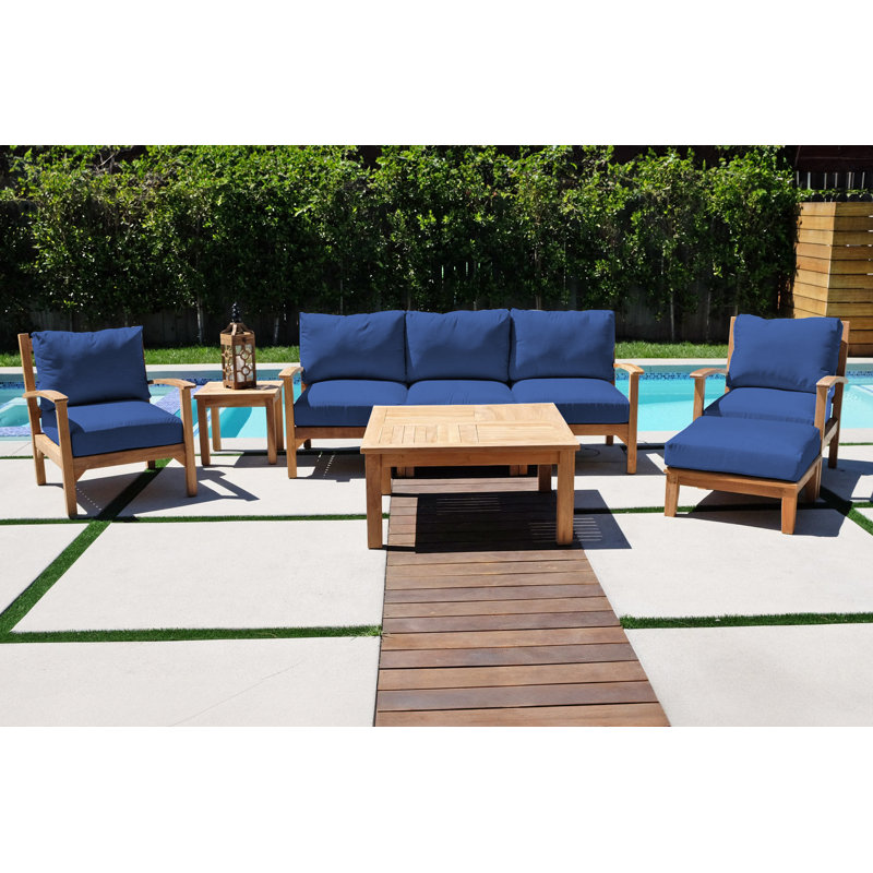 Ensemble de conversation en teck avec coussins Sunbrella 6 pièces Huntington, Table, End Tb, x2 Chairs, Ottoman, Sofa, Saphir