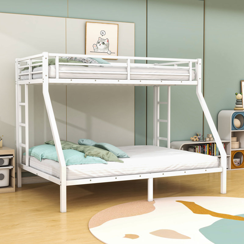 Metal Twin XL Over Queen Bunk Bed With 2 Side Ladder And Guardrails, White
