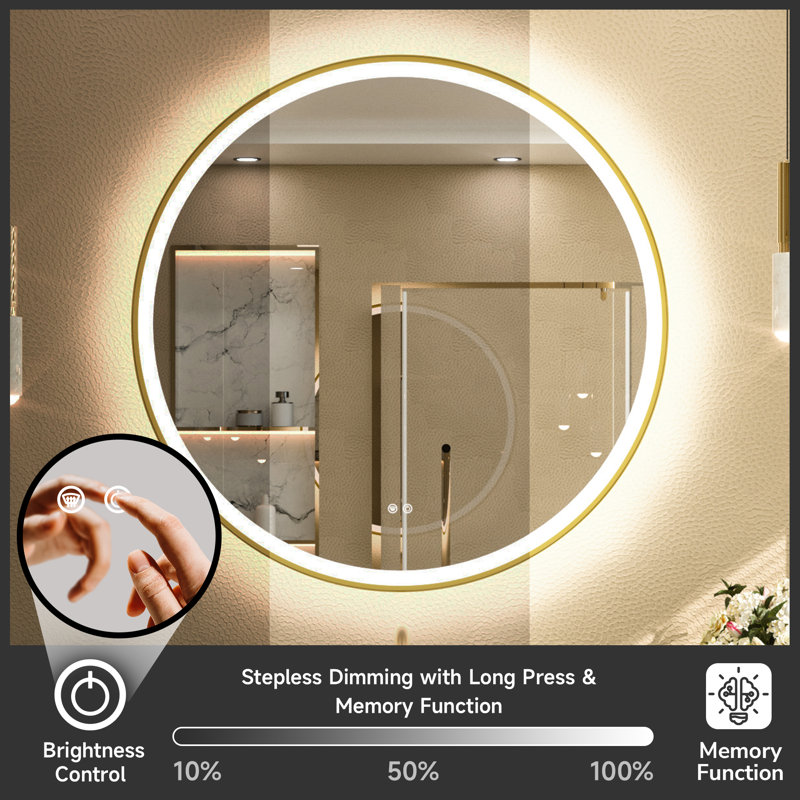 Round Framed Dimmable LED Anti-Fog With 3 Color Adjustment Bathroom Mirror Front&Backlit Vanity Mirror with Tempered Glass