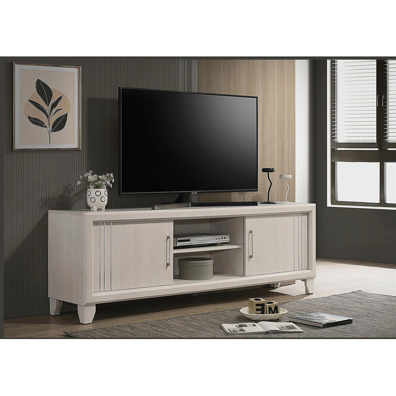 Meuble télé en bois avec console multimédia et tablettes ouvertes, Beige