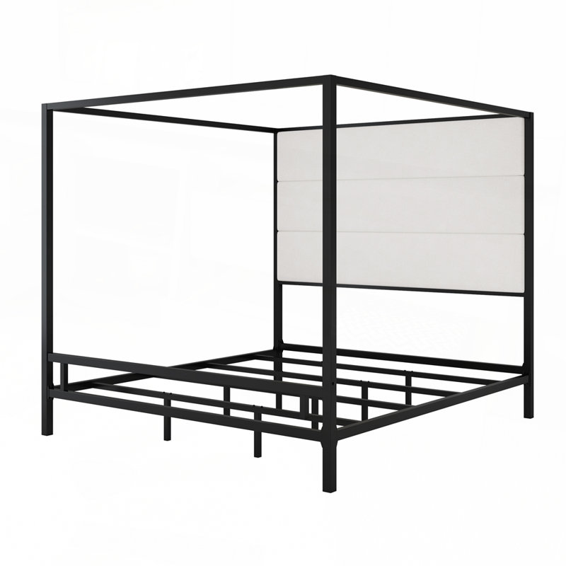  Modern Canopy Bed with 76.5" Tall Velvet Fabric Upholstered Headboard Metal 4-Poster Bed Frame, Box Spring Needed, Black
