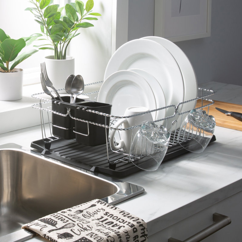 Black and Chrome Metal Countertop Dish Rack with Utensil Cup