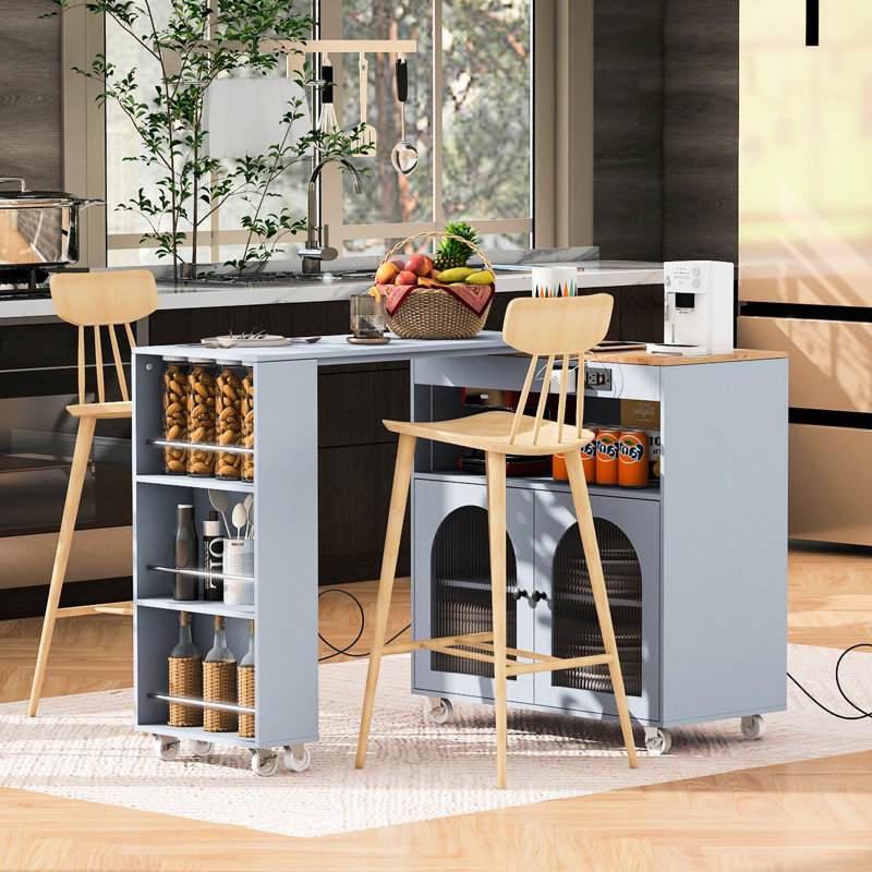Rolling Kitchen Storage Island With Led , Power Socket, Fluted Glass Door & Spacious Shelves, Grey Mobile Doors, Lights, Outlets Compartment