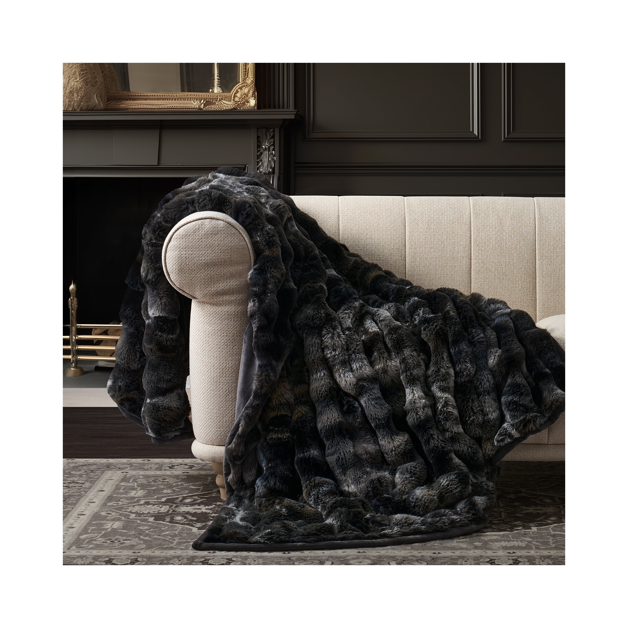 Ridgeline Faux Fur Throw Blanket, Charcoal Gray Heather Marble, 60" L x 50" W