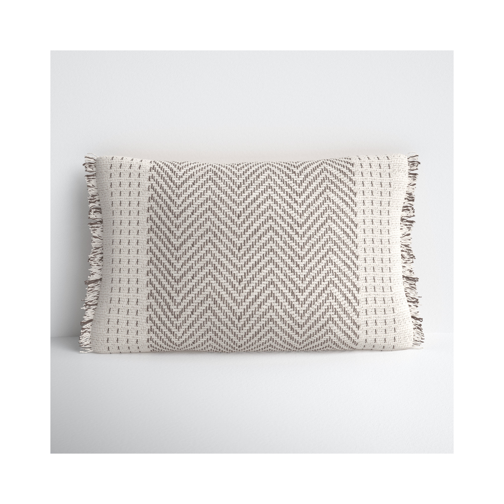 Carey Fringed Cotton Lumbar Throw Pillow, Polyester/Polyfill, Gray/Ivory