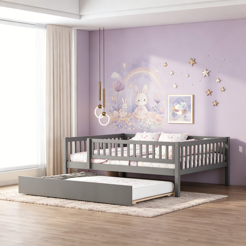 Lit de jour en bois pleine grandeur avec couchette et garde-corps, design gris, peu encombrant et durable pour les chambres à coucher modernes