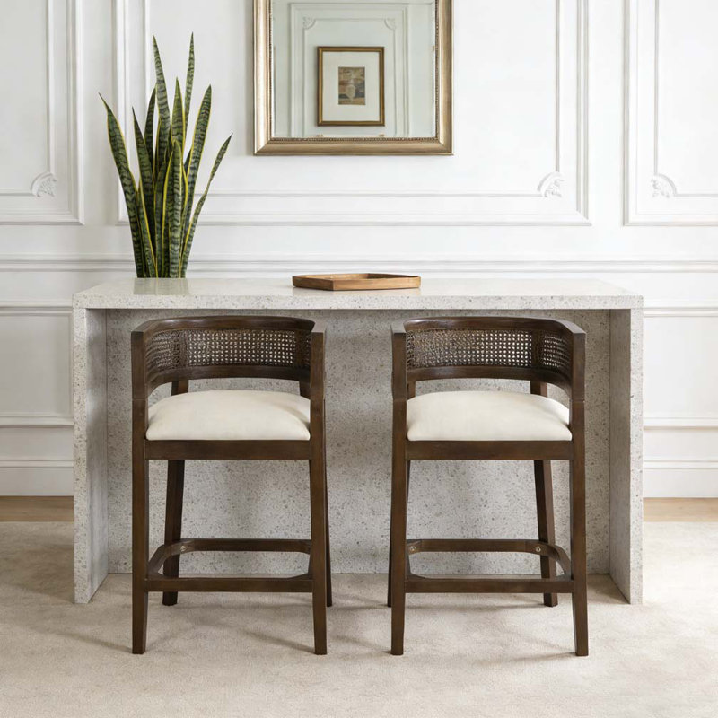 Tabourets de comptoir rembourrés en bois et rotin, Beige, noyer