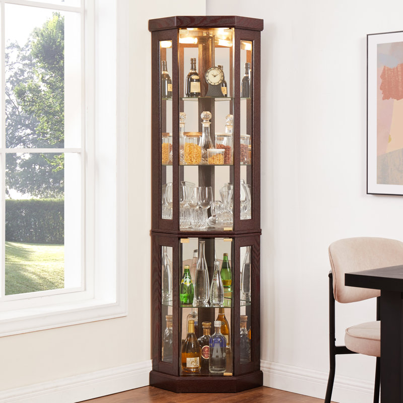 Vitrine en cerisier foncé - Vitrine d'angle de salon avec portes en verre et tablettes réglables