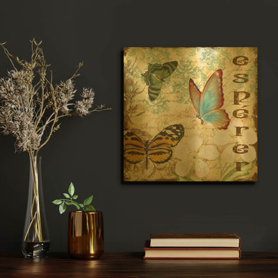 'Inspirational Butterflies 4' By Jean Plout Gold Metal Wall Art, 12" x 12"
