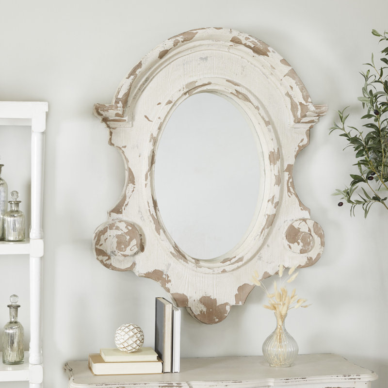 White Carved Oval Wood Wall Mirror with Arched Top