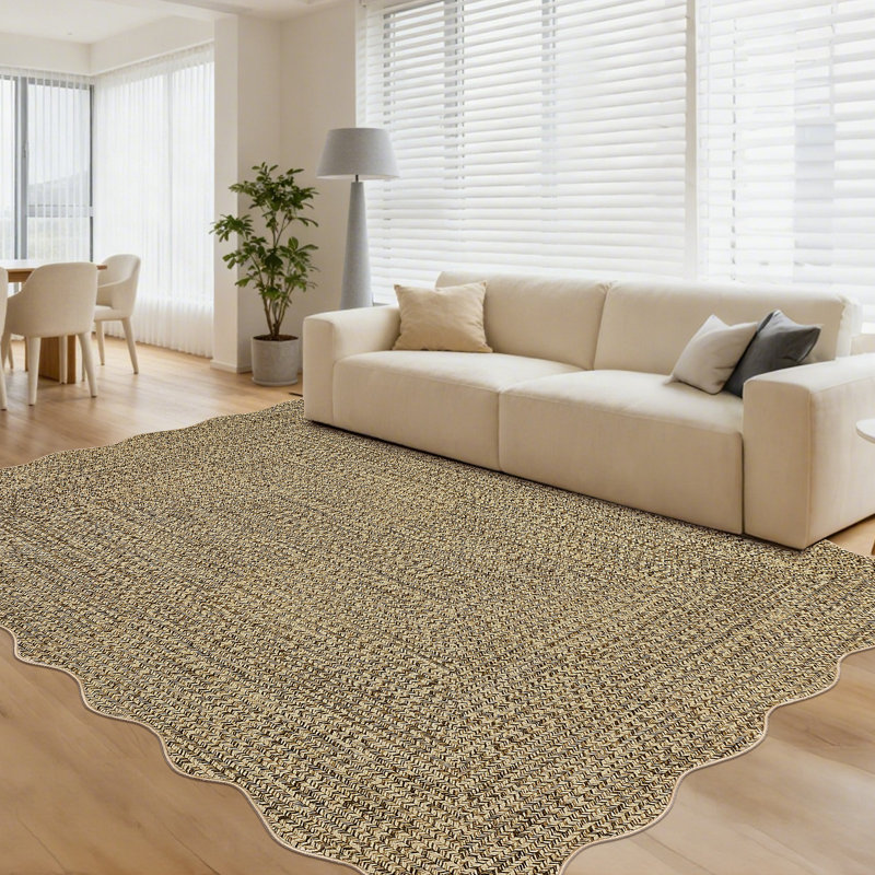 Farmhouse Scalloped Rug Washable Rug with Non Slip TRP Backing, Low Pile Non Shedding Rustic Carpet, Soft Thin Foldable Printed Mat for Living Room Bedroom