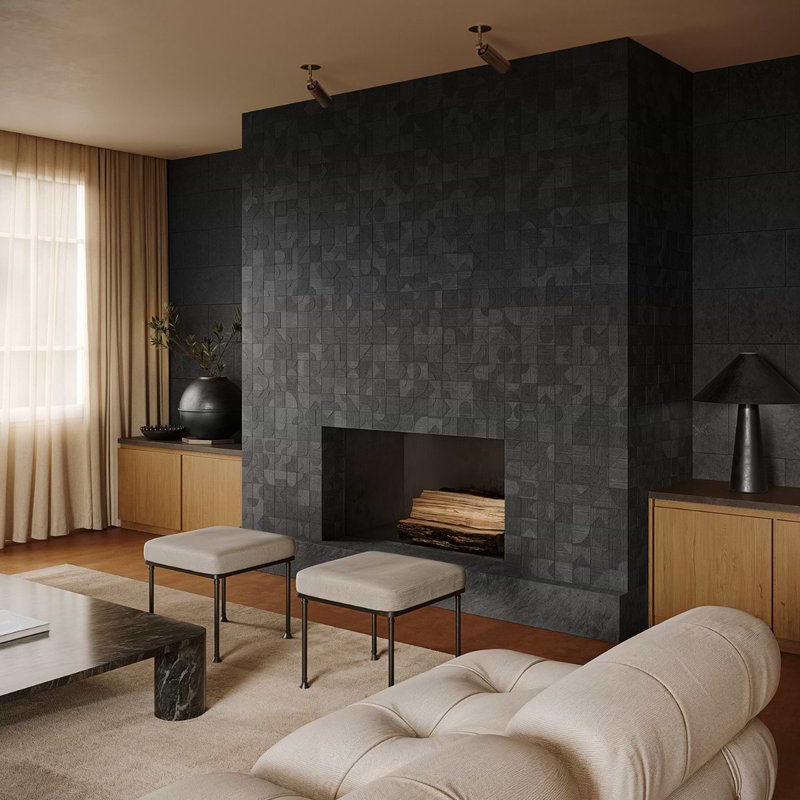 Trevino 4x4 Carved 3D Satin Basalt Stone Tile, Black