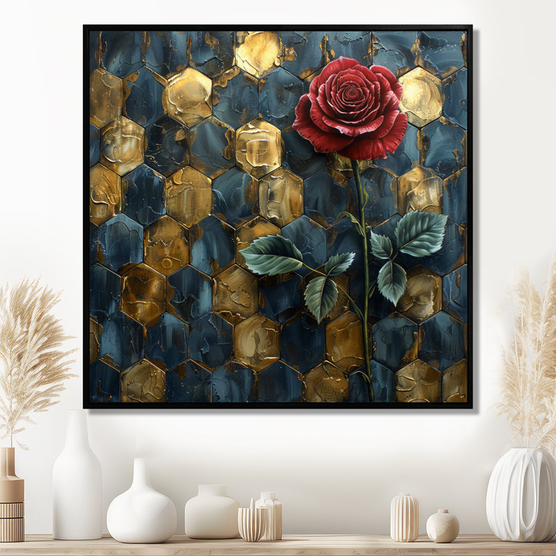 Rose rouge, hexagone doré, bleu, salon, art mural, H 30 po x l 30 po x P 1 po, Toile avec cadre flottant noir