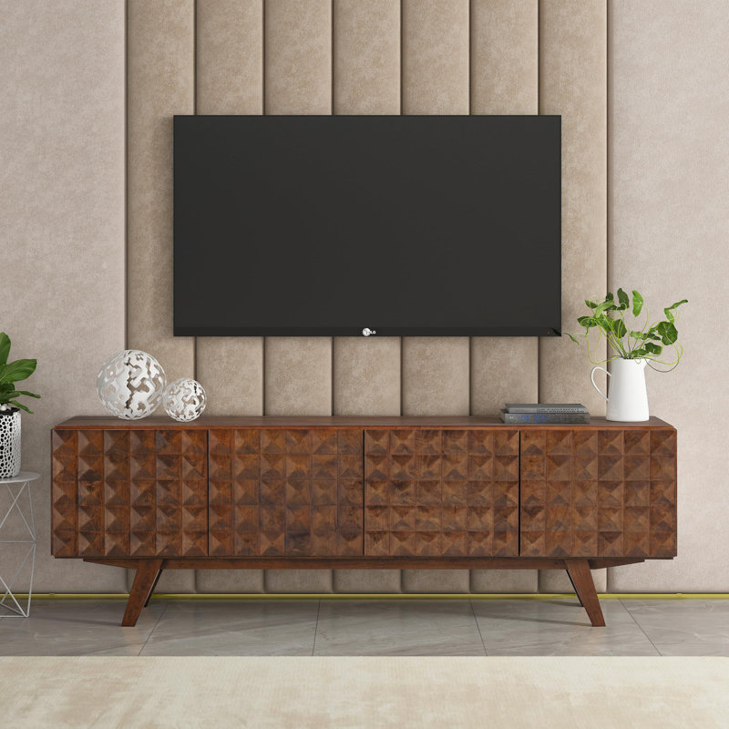  Sapa Mid-Century Modern Solid Wood TV Stand 4-Door Media Console with Carved Geometric Fronts for TVs up to 75", Effortless Assembly