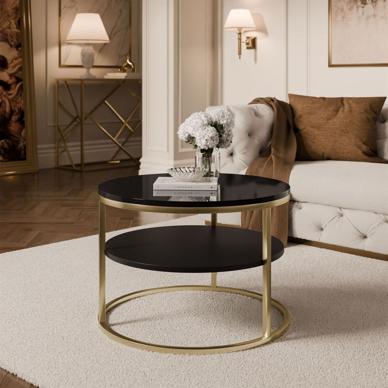 CIRI SLIM Round Coffee Table with Shelf, black gloss