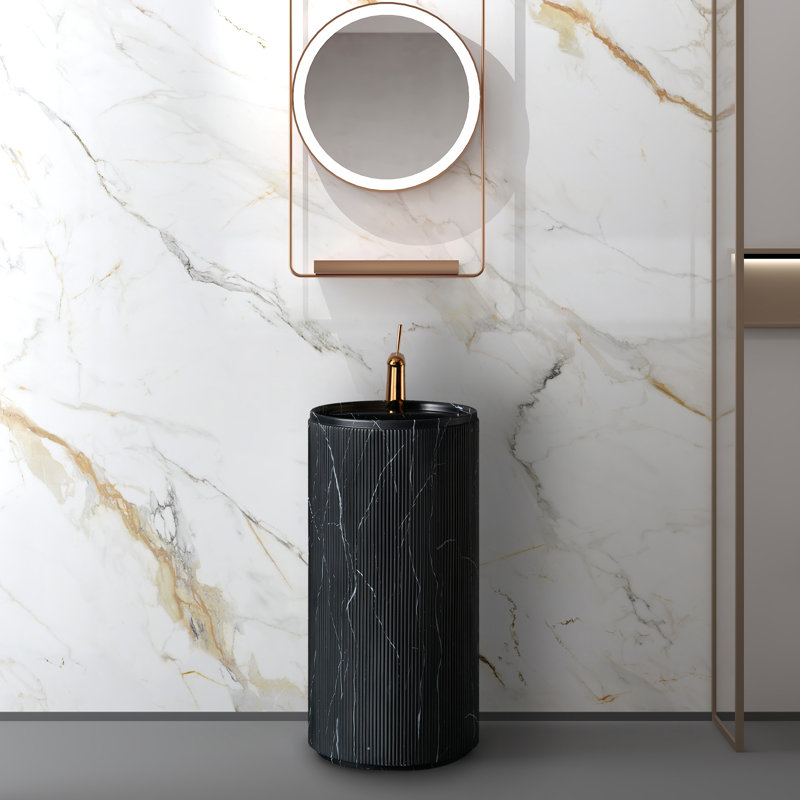 34" Tall Marble Pedestal Bathroom Sink Solid Surface Bathroom Sink, Matte Black