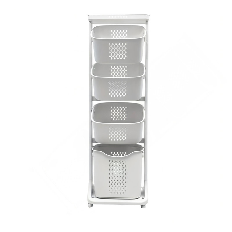 4-Tier Laundry Hamper Sorter, Laundry Storage Organizer with Wheels Removable Rolling Laundry Baskets, Bathroom Cart for Dirty Clothes, White