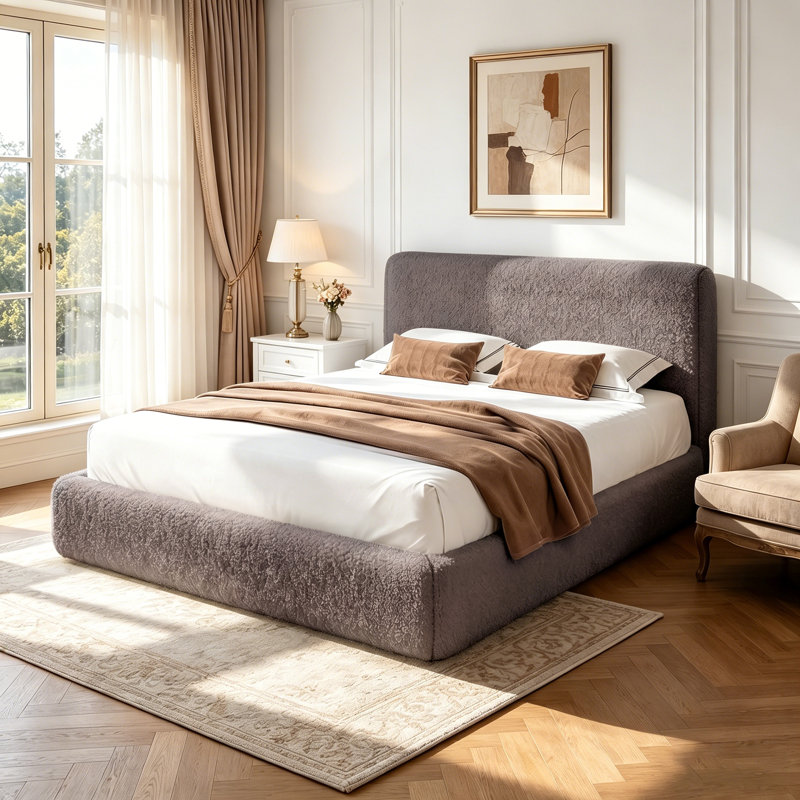 Structure de lit avec tête de lit rembourrée Boucle, Grey, Queen