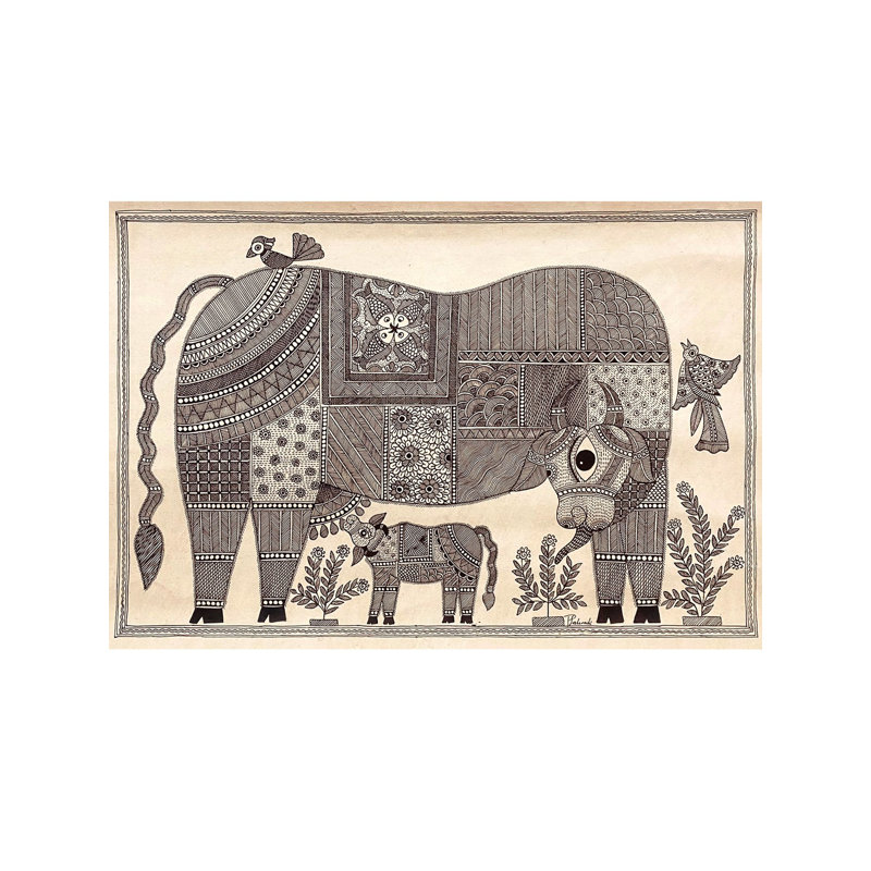 Divin Kamdhenu avec son petit | Acrylique sur papier fait à la main | Par Priti Dalwadi