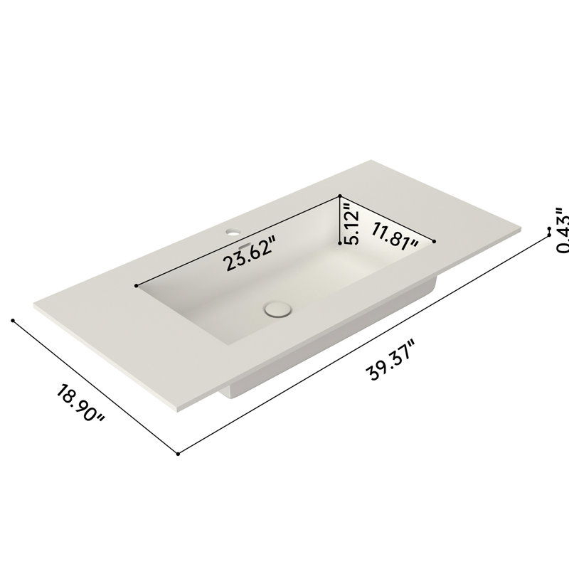 Lavabo de salle de bain en résine solide, blanc mat, 38,89 po de profondeur, 18,91 po de largeur, 6,9 po de hauteur, 27,79 lb, compatible avec les espaces universels