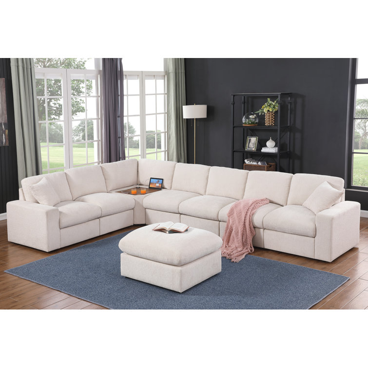 Olathe Daisy Corner Modular Sectional Sofa With Table Cupholder Console, USB Port And Ottoman