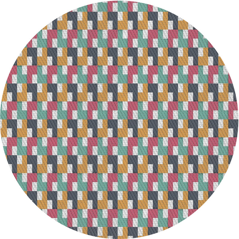 Tapis jaune/rouge/vert à motifs, Rond 7 pi