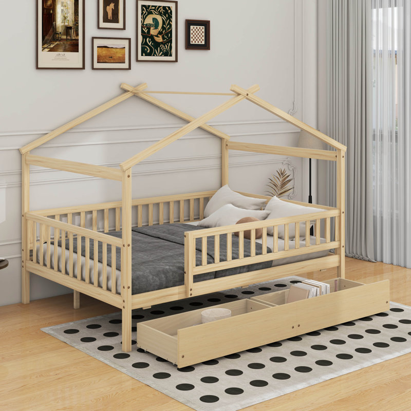 Lit double en bois avec tiroirs, Naturel