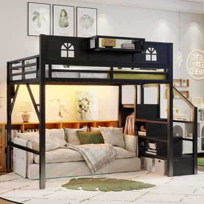 Lit mezzanine double en métal avec escalier et garde-robe