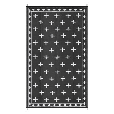 Reversible Waterproof Outdoor Rug – Modern Black & White Geometric Plastic Patio Mat – UV & Mark Resistant, Easy Clean, Collapsible, Black, 9x18ft