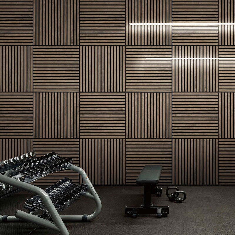 Panneau mural acoustique en placage de bois véritable - Grille en polyester à lattes insonorisantes et collées à plat pour le salon, le studio ou la salle de piano - Installation facile