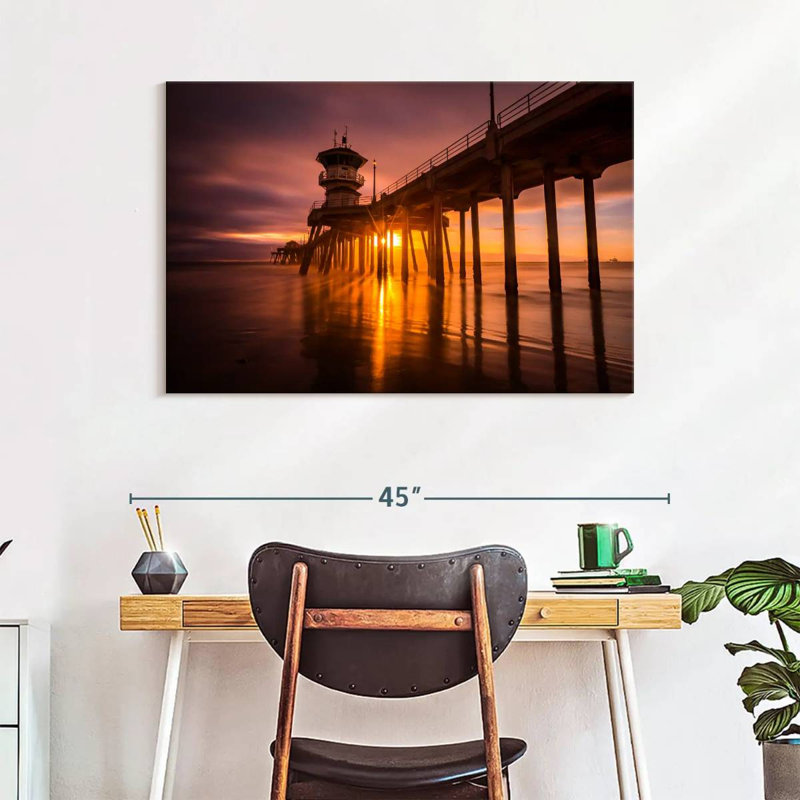 Coucher de soleil à Huntington Beach Pier, H 26 po x l 39 po