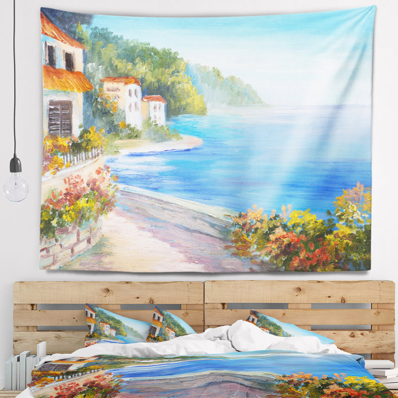 Maison près de la tapisserie de la mer bleue, H 32 po x l 39 po