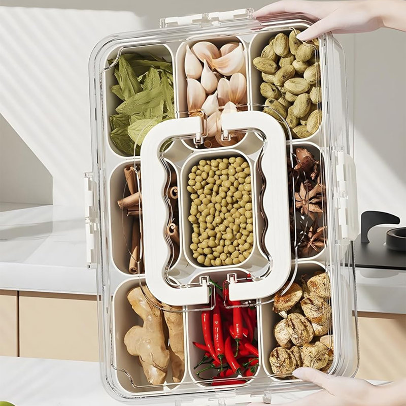 Divided Serving Tray with Lid and Handle 9 Compartment Snack Box Container Portable Storage Organizer Container