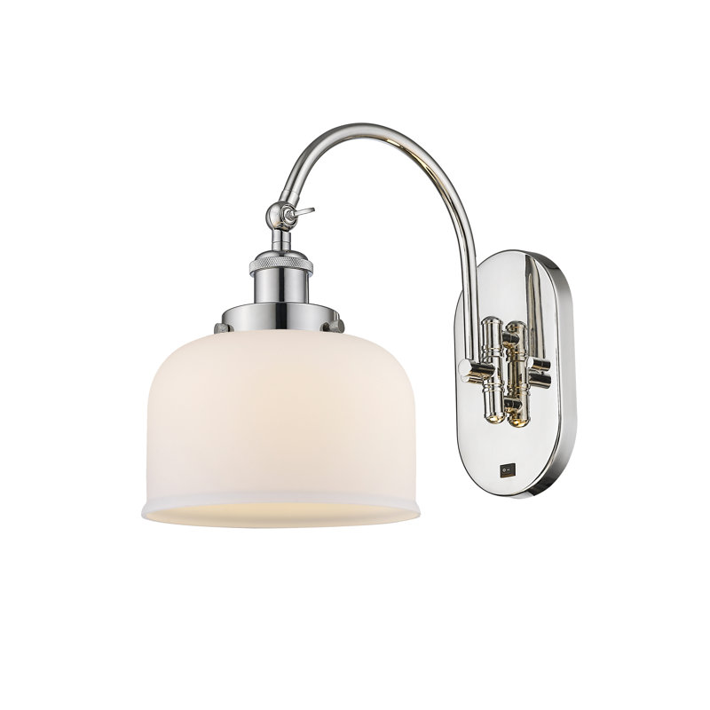Applique murale articulée en métal 1 lumière avec abat-jour cloche en verre Shauna, Blanc mat, Incandescente, Nickel poli