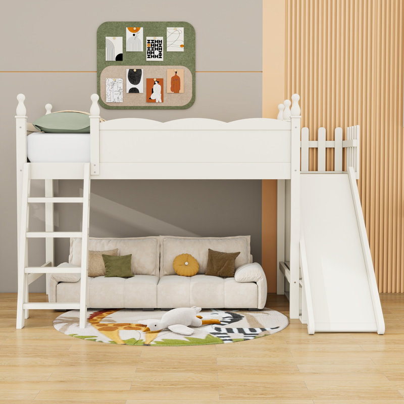 Lit mezzanine avec tablettes de rangement, garde-robe et glissade, Beige, Lit simple