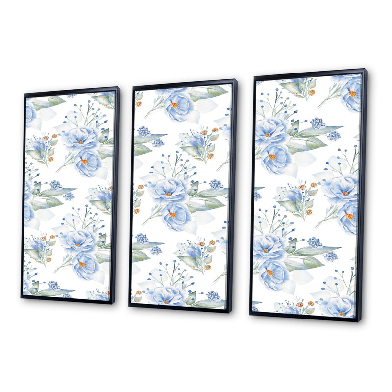 Fleurs de lin bleues - 3 pièces, reproduction sur toile, Cadre noir, H 32 po x l 48 po x P 1 po