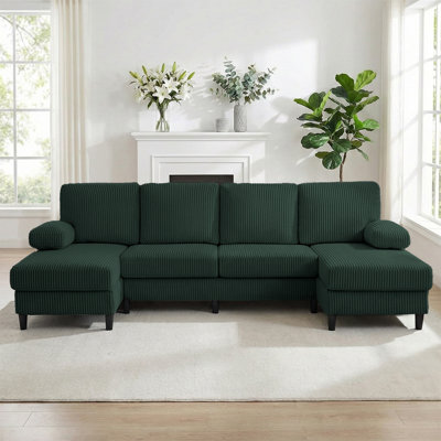 4-Seater U-Shaped Corduroy Sectional Sofa With Dual Chaise Lounges, Green/Beige