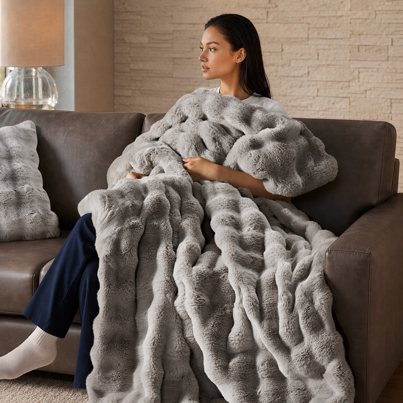 Double-Sided Bubble Faux Fur Throw Blanket, 50"x60", Taupe
