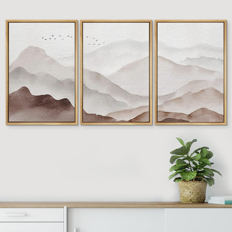 «Abstract Landscape Brown Watercolor Misty Mountain Range», reproduction de tableau encadrée sur toile 3 pièces, Naturel