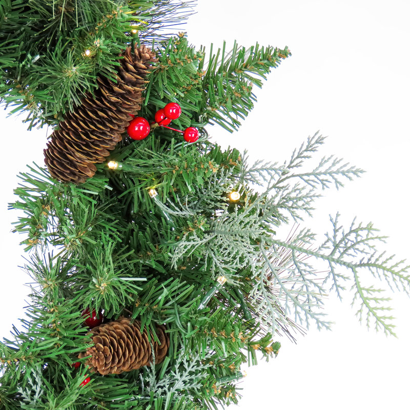 Feel Real Buzzard Pine Assortment- 5' Entrance Tree In Pot W/70 WW LED Lights & Caps- UL/CUL- 24" Wreath & 6' Garland With 100 WW Battery Operated LED Lights