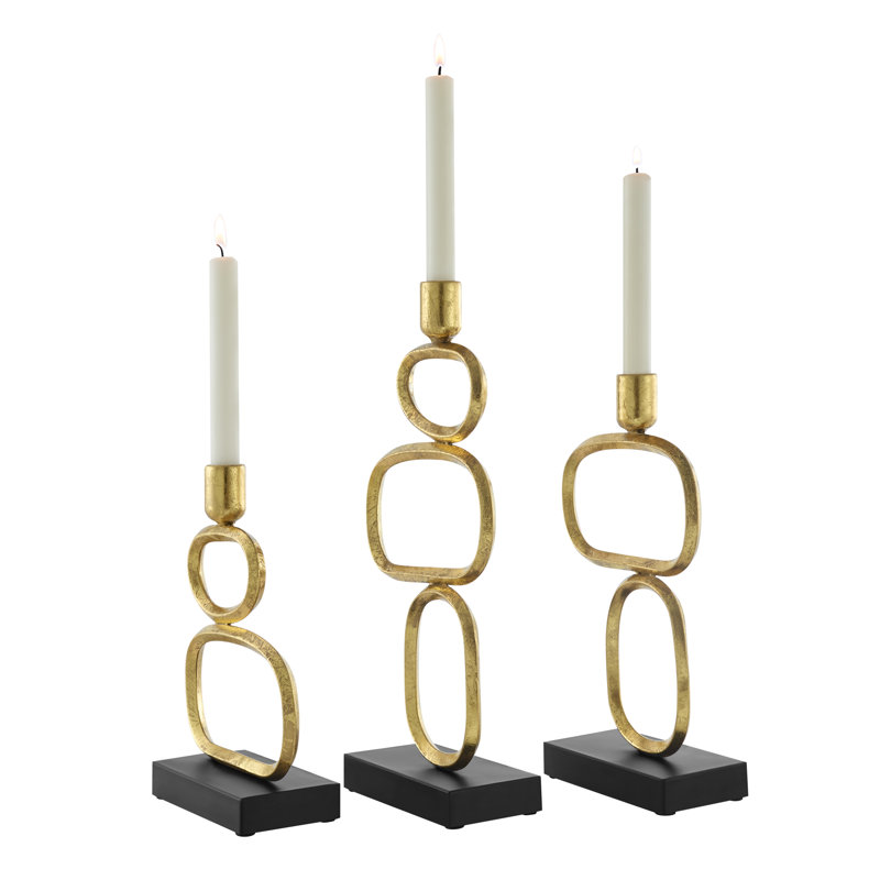 Eduardo Midcentury Modern Geometric Sculpted Gold And Black Candlestick Candle Holders - Set Of 3