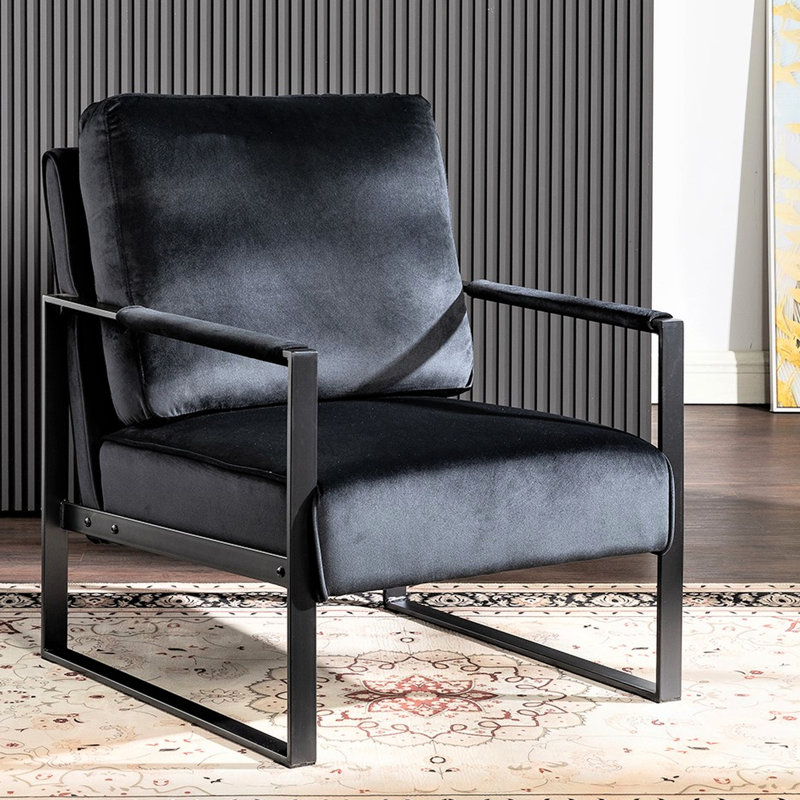Chaise en velours de style Mid-Century moderne, structure en métal, noir