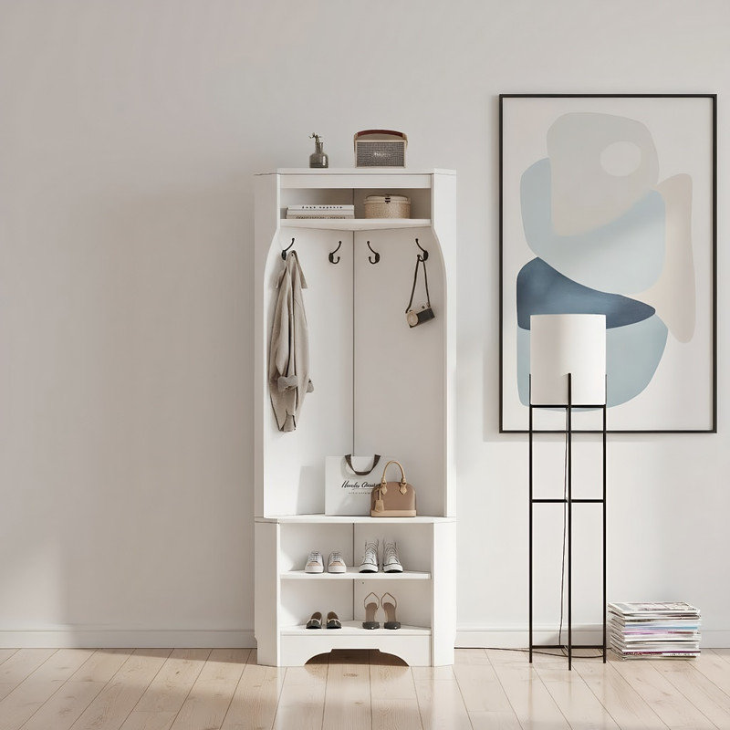 Corner Hall Tree with Bench & Storage – Space-Saving Shoe Rack & Coat Rack, White