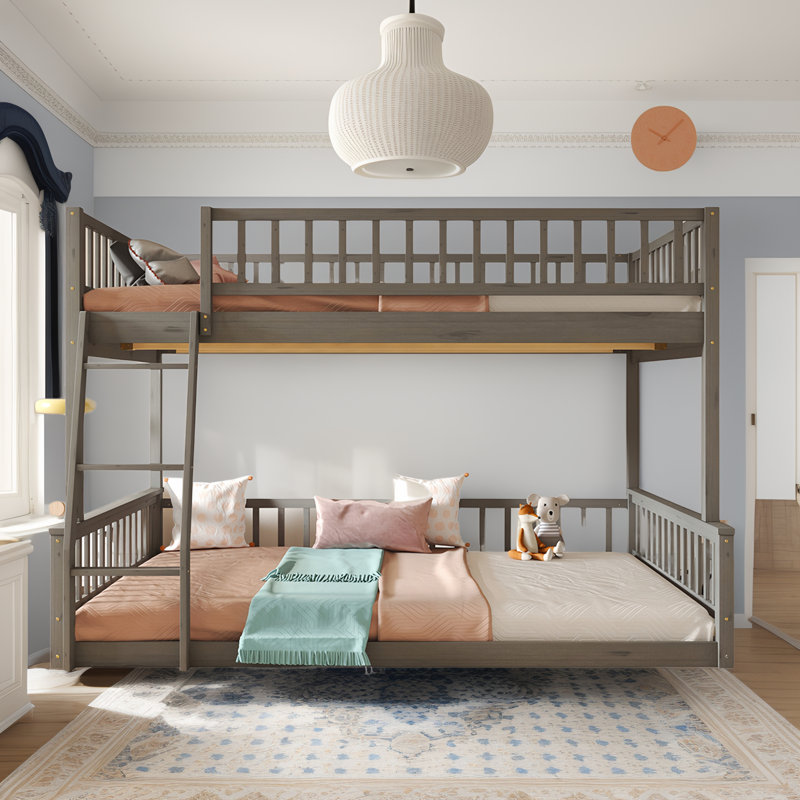Full XL over Queen Bunk Bed, Converted to 2 Beds Frame with Ladder for Kids Adults, Gray